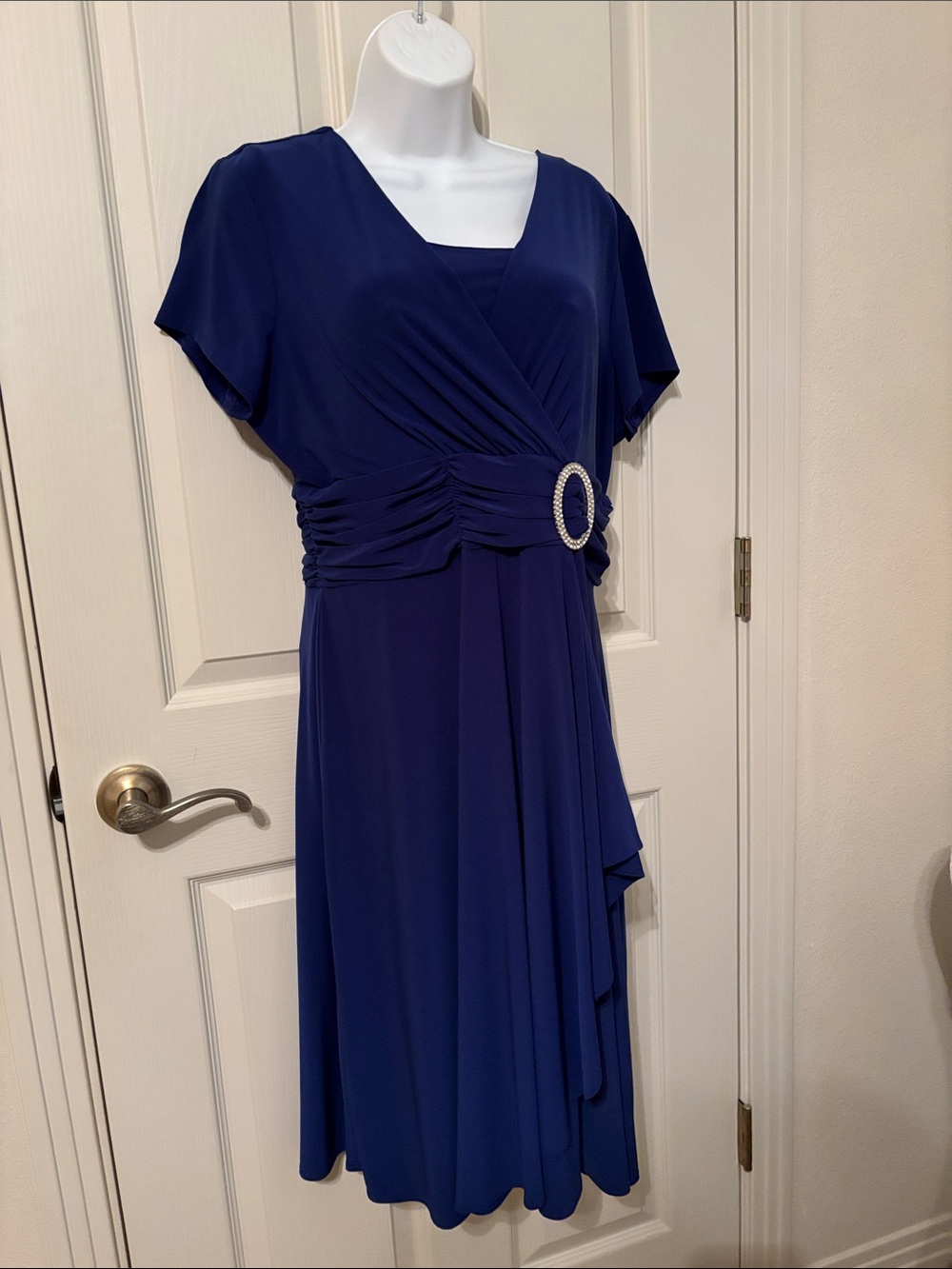 Blue Midi Wrap Dress with Rhinestone Buckle